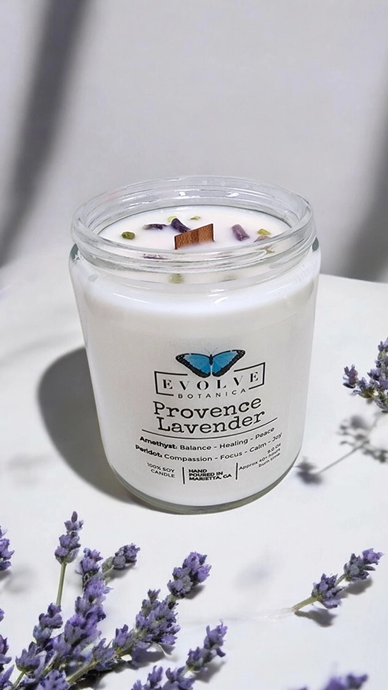 Classic 9oz Jam Jar Crystal Soy Candle - Provence Lavender (Amethyst & Peridot) from Evolve Botanica