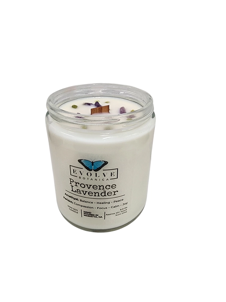 Classic 9oz Jam Jar Crystal Soy Candle - Provence Lavender (Amethyst & Peridot) from Evolve Botanica