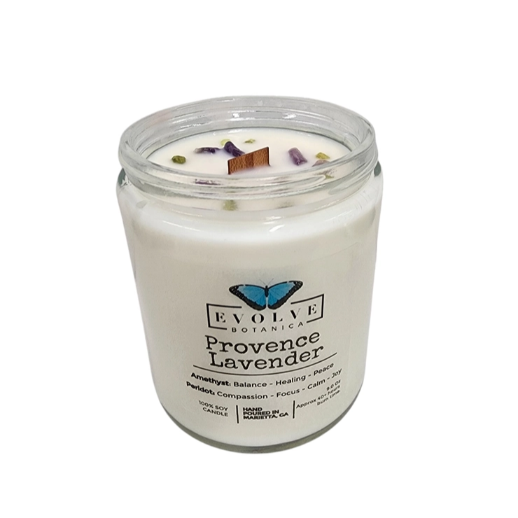 Classic 9oz Jam Jar Crystal Soy Candle - Provence Lavender (Amethyst & Peridot) from Evolve Botanica