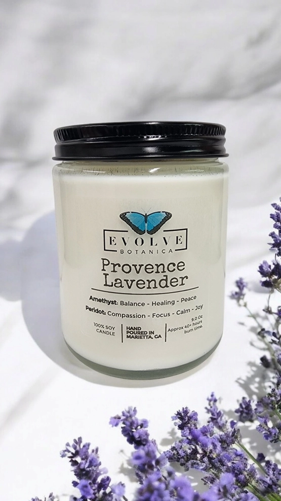 Classic 9oz Jam Jar Crystal Soy Candle - Provence Lavender (Amethyst & Peridot) from Evolve Botanica
