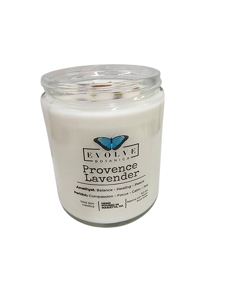 Classic 9oz Jam Jar Crystal Soy Candle - Provence Lavender (Amethyst & Peridot) from Evolve Botanica