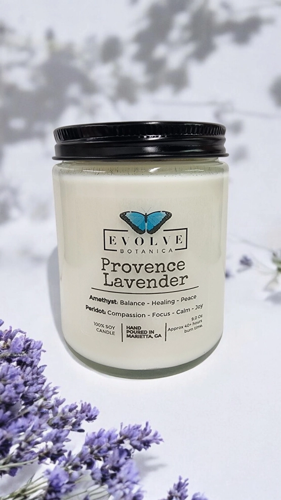 Classic 9oz Jam Jar Crystal Soy Candle - Provence Lavender (Amethyst & Peridot) from Evolve Botanica
