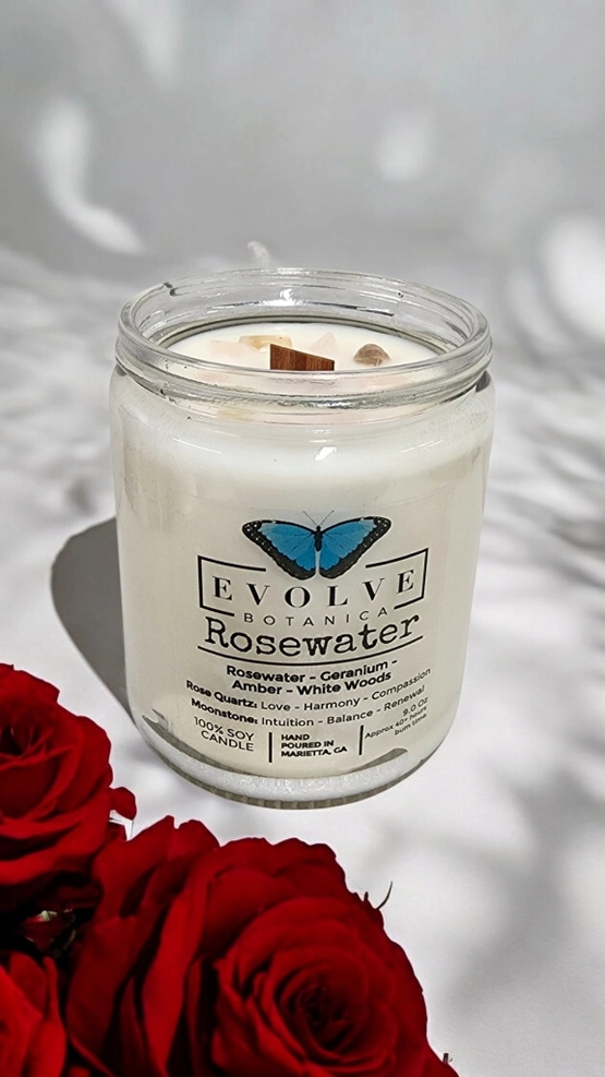 Classic 9oz Jam Jar Crystal Soy Candle - Rosewater (Rose Quartz & Moonstone) from Evolve Botanica