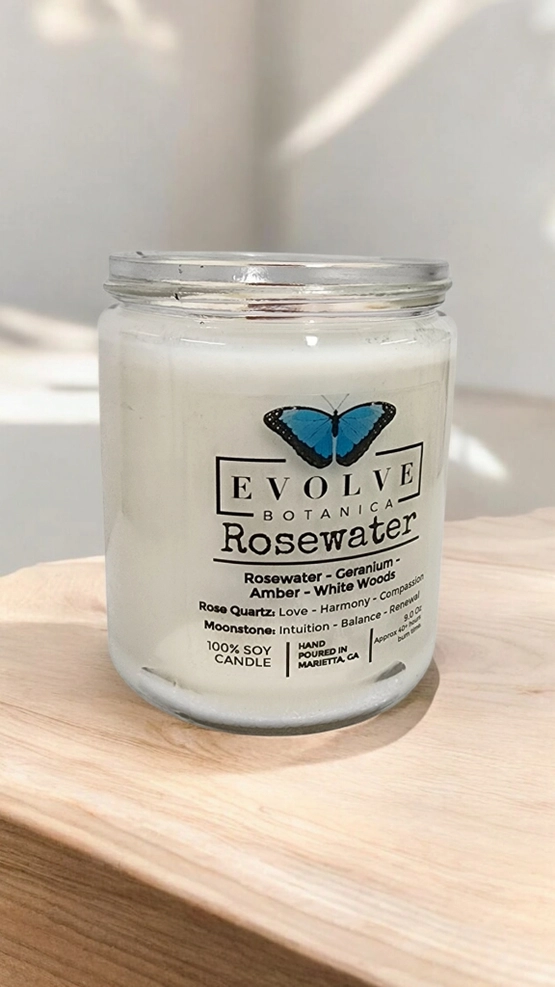 Classic 9oz Jam Jar Crystal Soy Candle - Rosewater (Rose Quartz & Moonstone) from Evolve Botanica