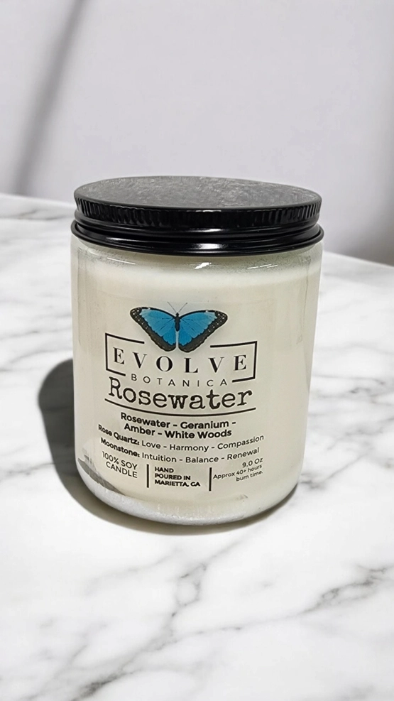 Classic 9oz Jam Jar Crystal Soy Candle - Rosewater (Rose Quartz & Moonstone) from Evolve Botanica