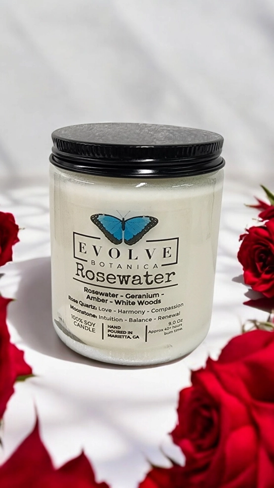Classic 9oz Jam Jar Crystal Soy Candle - Rosewater (Rose Quartz & Moonstone) from Evolve Botanica