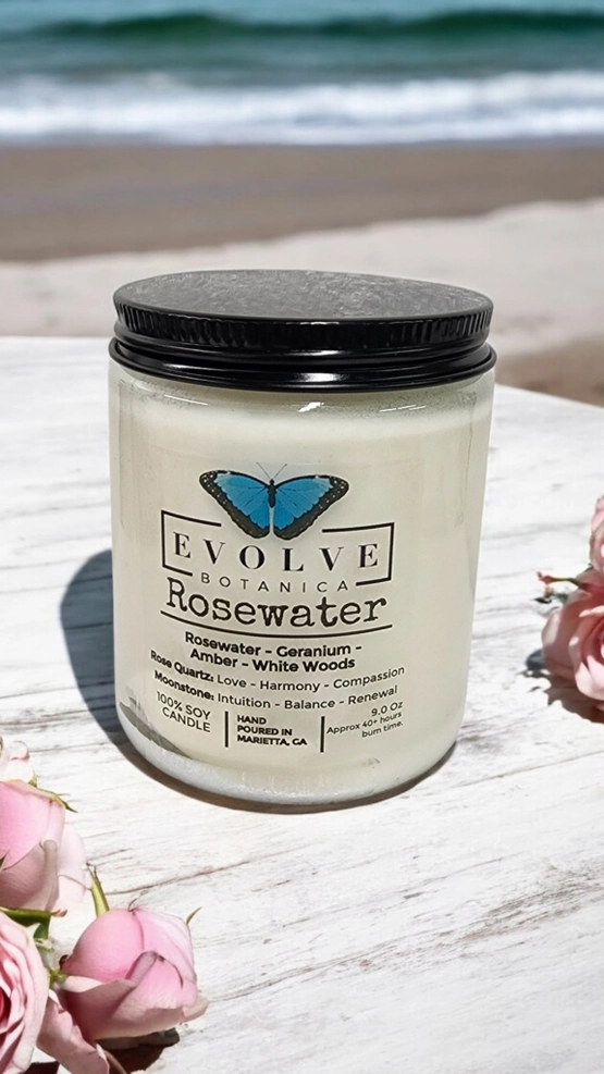 Classic 9oz Jam Jar Crystal Soy Candle - Rosewater (Rose Quartz & Moonstone) from Evolve Botanica