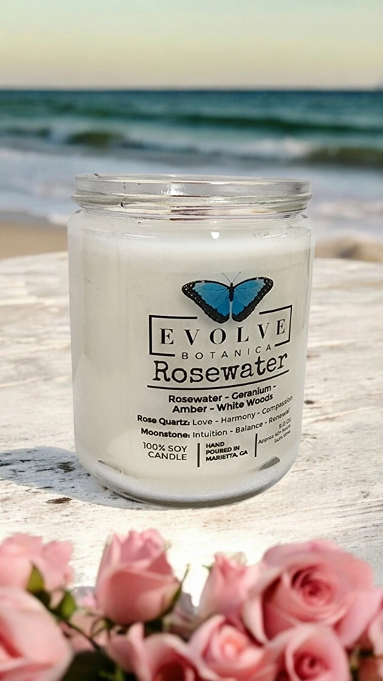 Classic 9oz Jam Jar Crystal Soy Candle - Rosewater (Rose Quartz & Moonstone) from Evolve Botanica