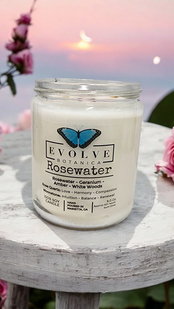 Classic 9oz Jam Jar Crystal Soy Candle - Rosewater (Rose Quartz & Moonstone) from Evolve Botanica