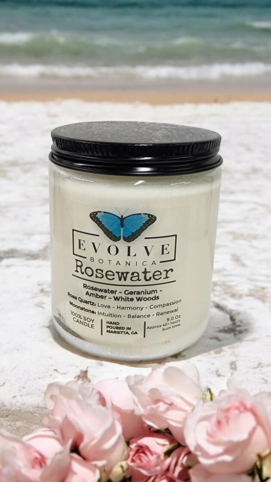Classic 9oz Jam Jar Crystal Soy Candle - Rosewater (Rose Quartz & Moonstone) from Evolve Botanica