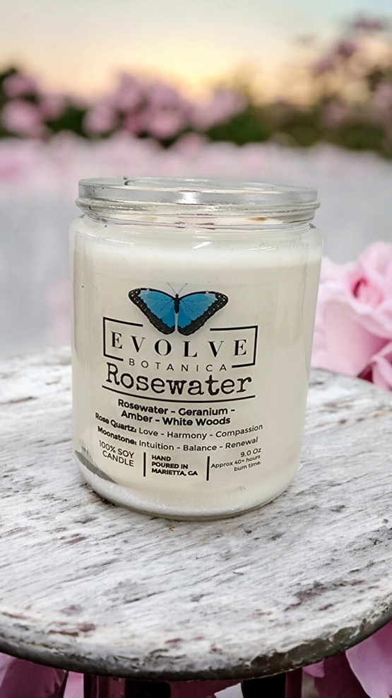 Classic 9oz Jam Jar Crystal Soy Candle - Rosewater (Rose Quartz & Moonstone) from Evolve Botanica