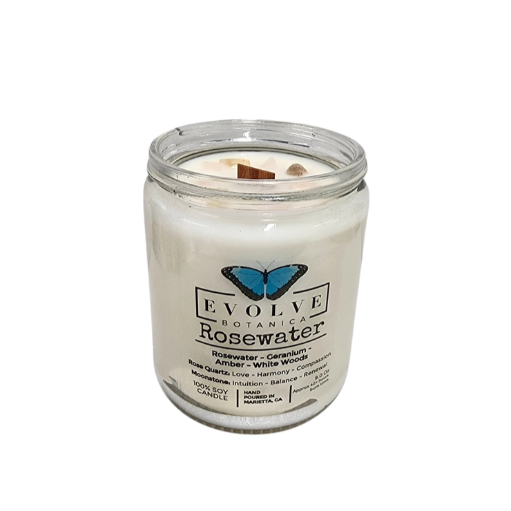 Classic 9oz Jam Jar Crystal Soy Candle - Rosewater (Rose Quartz & Moonstone) from Evolve Botanica