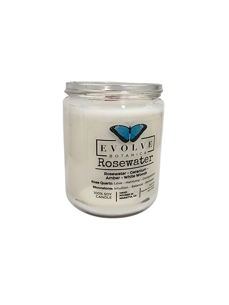 Classic 9oz Jam Jar Crystal Soy Candle - Rosewater (Rose Quartz & Moonstone) from Evolve Botanica