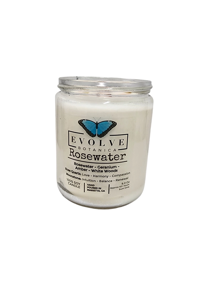 Classic 9oz Jam Jar Crystal Soy Candle - Rosewater (Rose Quartz & Moonstone) from Evolve Botanica