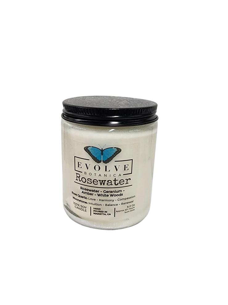 Classic 9oz Jam Jar Crystal Soy Candle - Rosewater (Rose Quartz & Moonstone) from Evolve Botanica
