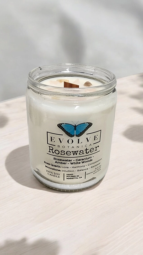 Classic 9oz Jam Jar Crystal Soy Candle - Rosewater (Rose Quartz & Moonstone) from Evolve Botanica