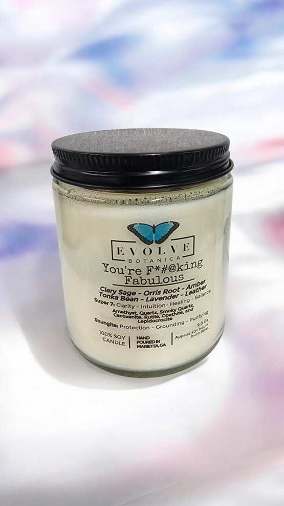 Classic 9oz Jam Jar Crystal Soy Candle - You're F*#@king Fabulous (Amethyst, Quartz, Smoky Quartz, Cacoxenite, Rutile, Goethite, & Lepidocrocite) from Evolve Botanica