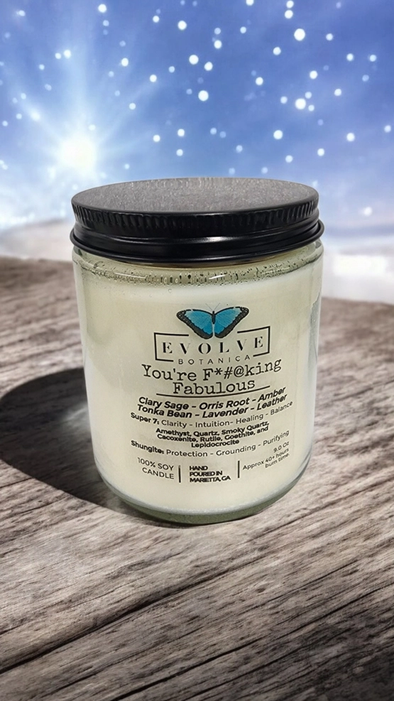 Classic 9oz Jam Jar Crystal Soy Candle - You're F*#@king Fabulous (Amethyst, Quartz, Smoky Quartz, Cacoxenite, Rutile, Goethite, & Lepidocrocite) from Evolve Botanica