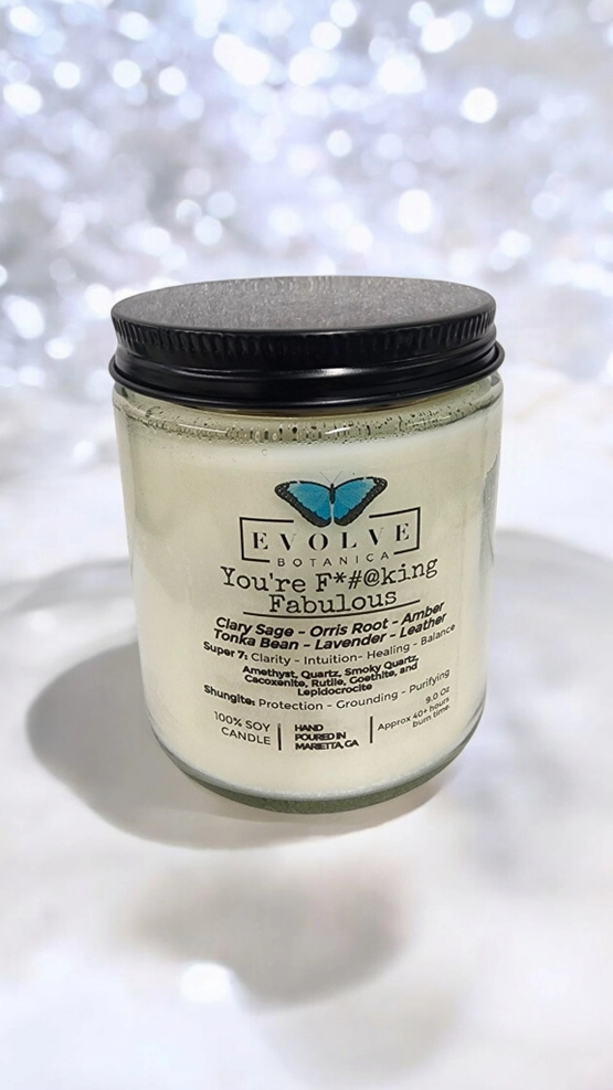 Classic 9oz Jam Jar Crystal Soy Candle - You're F*#@king Fabulous (Amethyst, Quartz, Smoky Quartz, Cacoxenite, Rutile, Goethite, & Lepidocrocite) from Evolve Botanica