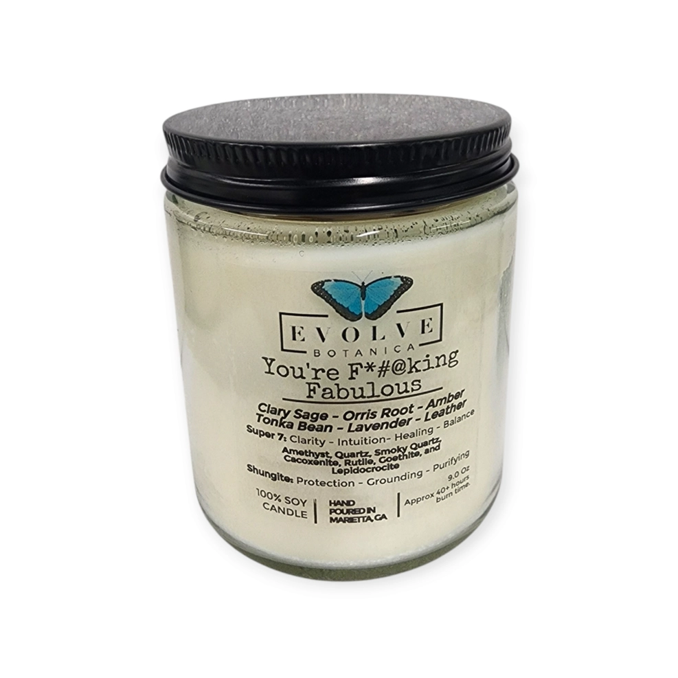 Classic 9oz Jam Jar Crystal Soy Candle - You're F*#@king Fabulous (Amethyst, Quartz, Smoky Quartz, Cacoxenite, Rutile, Goethite, & Lepidocrocite) from Evolve Botanica