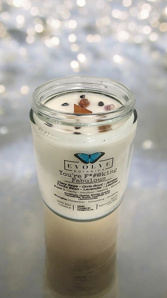 Classic 9oz Jam Jar Crystal Soy Candle - You're F*#@king Fabulous (Amethyst, Quartz, Smoky Quartz, Cacoxenite, Rutile, Goethite, & Lepidocrocite) from Evolve Botanica