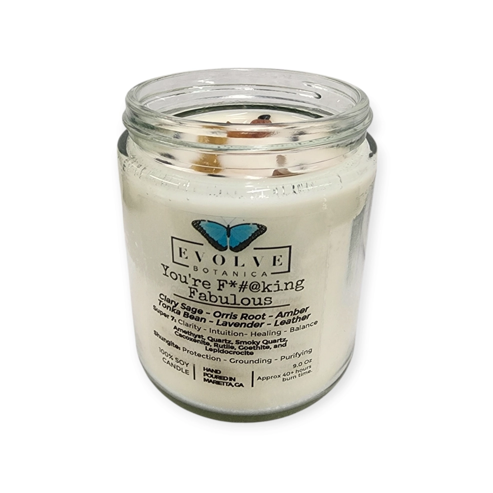 Classic 9oz Jam Jar Crystal Soy Candle - You're F*#@king Fabulous (Amethyst, Quartz, Smoky Quartz, Cacoxenite, Rutile, Goethite, & Lepidocrocite) from Evolve Botanica
