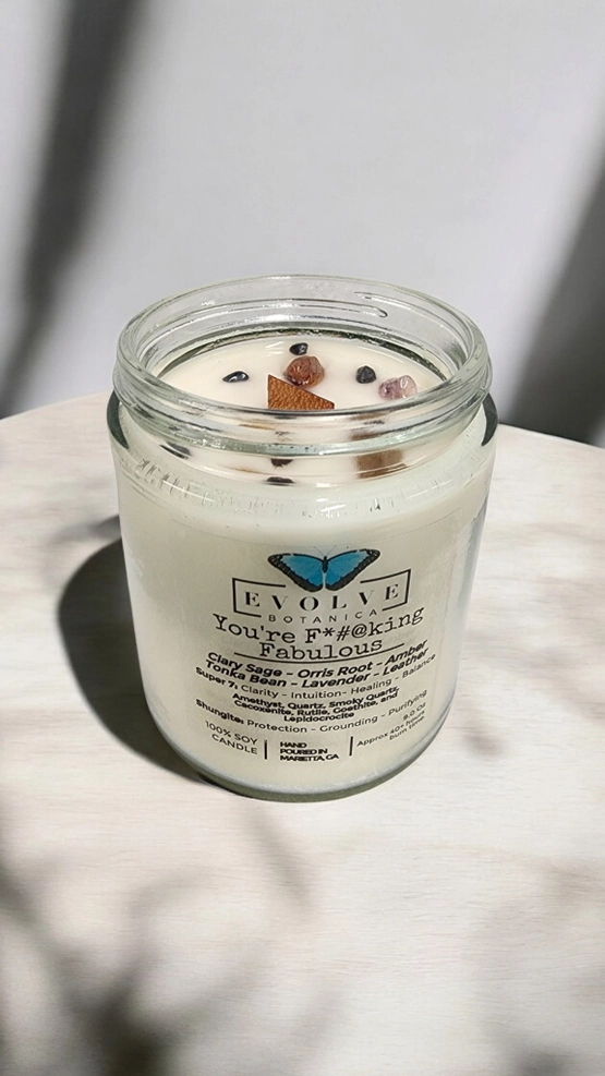 Classic 9oz Jam Jar Crystal Soy Candle - You're F*#@king Fabulous (Amethyst, Quartz, Smoky Quartz, Cacoxenite, Rutile, Goethite, & Lepidocrocite) from Evolve Botanica