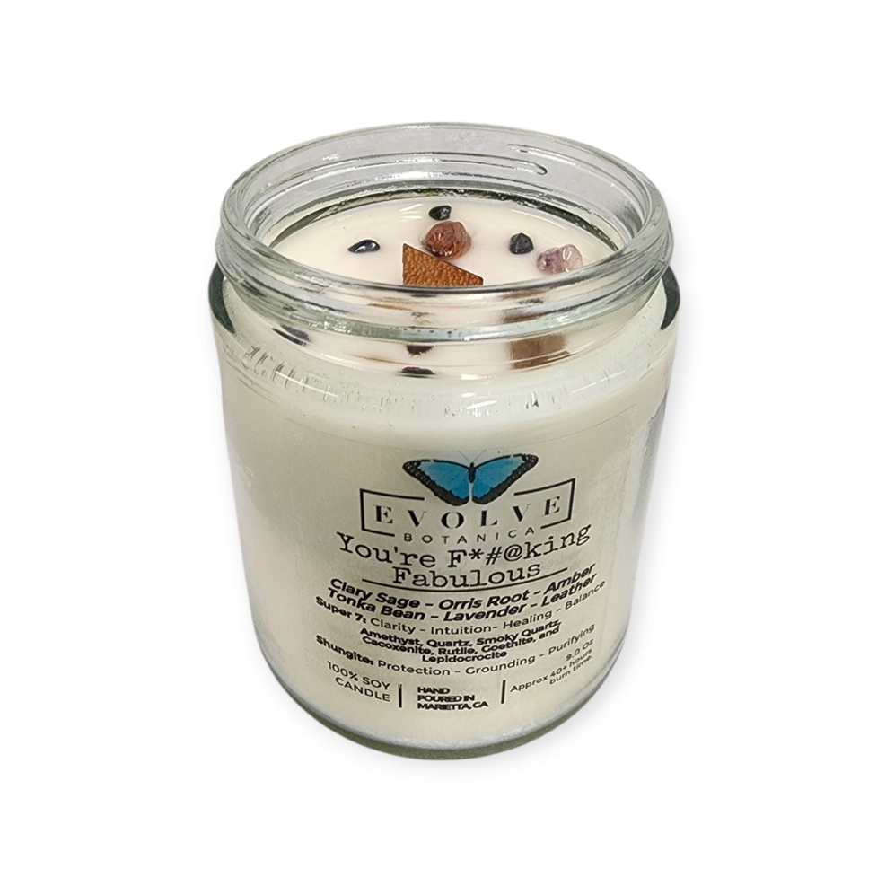 Classic 9oz Jam Jar Crystal Soy Candle - You're F*#@king Fabulous (Amethyst, Quartz, Smoky Quartz, Cacoxenite, Rutile, Goethite, & Lepidocrocite) from Evolve Botanica