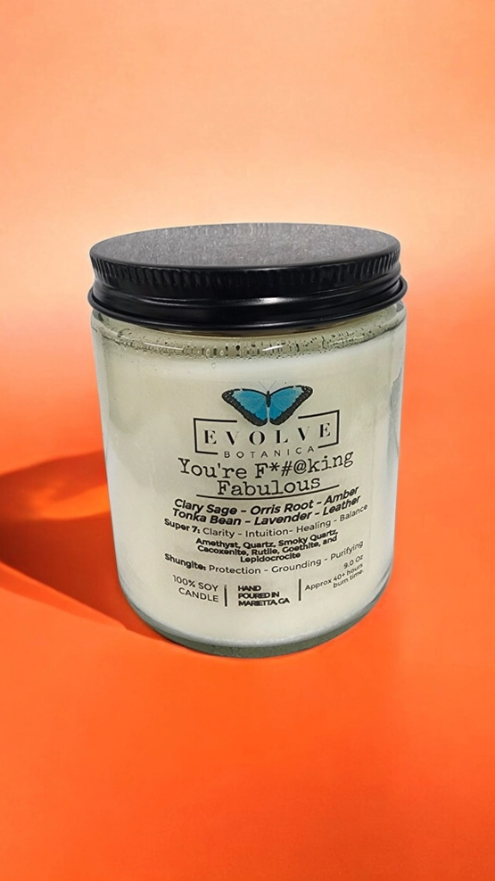 Classic 9oz Jam Jar Crystal Soy Candle - You're F*#@king Fabulous (Amethyst, Quartz, Smoky Quartz, Cacoxenite, Rutile, Goethite, & Lepidocrocite) from Evolve Botanica