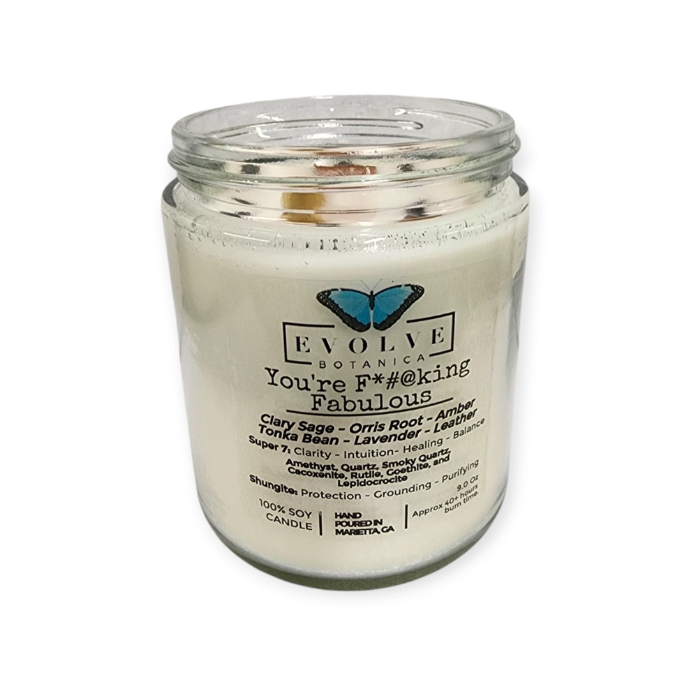 Classic 9oz Jam Jar Crystal Soy Candle - You're F*#@king Fabulous (Amethyst, Quartz, Smoky Quartz, Cacoxenite, Rutile, Goethite, & Lepidocrocite) from Evolve Botanica