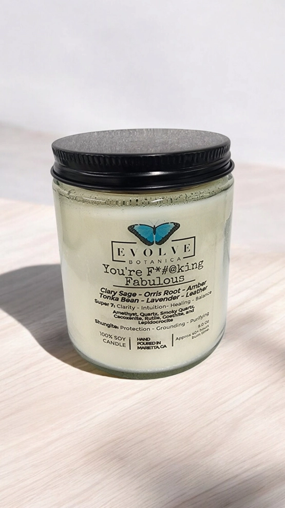 Classic 9oz Jam Jar Crystal Soy Candle - You're F*#@king Fabulous (Amethyst, Quartz, Smoky Quartz, Cacoxenite, Rutile, Goethite, & Lepidocrocite) from Evolve Botanica