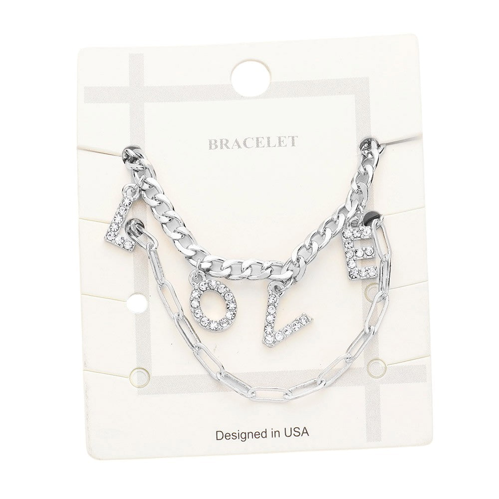 2PCS - LOVE Rhinestone Embellished Metal Chain Bracelets from Madeline Love