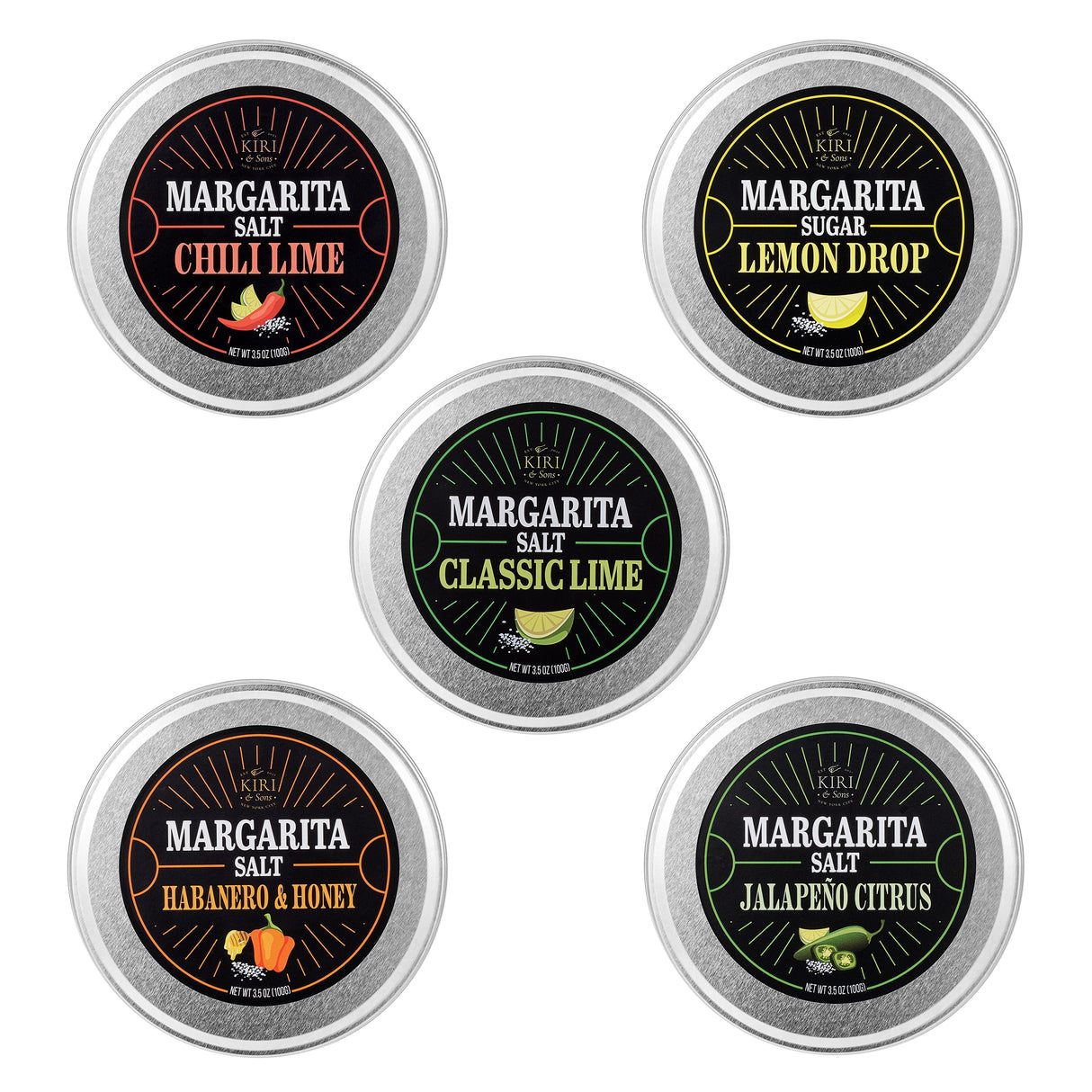 5-Pack Premium Margarita & Cocktail Flavored Salt Rimmer, Variety Set 3.5oz - Chili Lime, Lemon Drop Sugar, Lime, Habanero & Honey, Jalapeno Citrus - No Silicon Dioxide, Easy Screw-On Lid from The Wine Savant