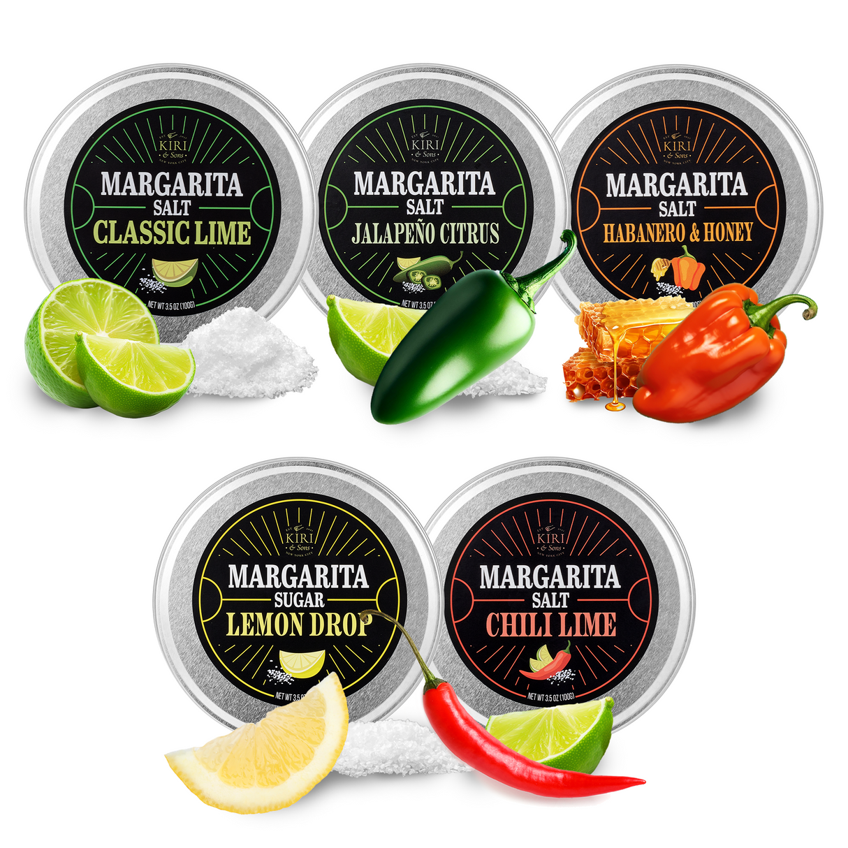 5-Pack Premium Margarita & Cocktail Flavored Salt Rimmer, Variety Set 3.5oz - Chili Lime, Lemon Drop Sugar, Lime, Habanero & Honey, Jalapeno Citrus - No Silicon Dioxide, Easy Screw-On Lid from The Wine Savant