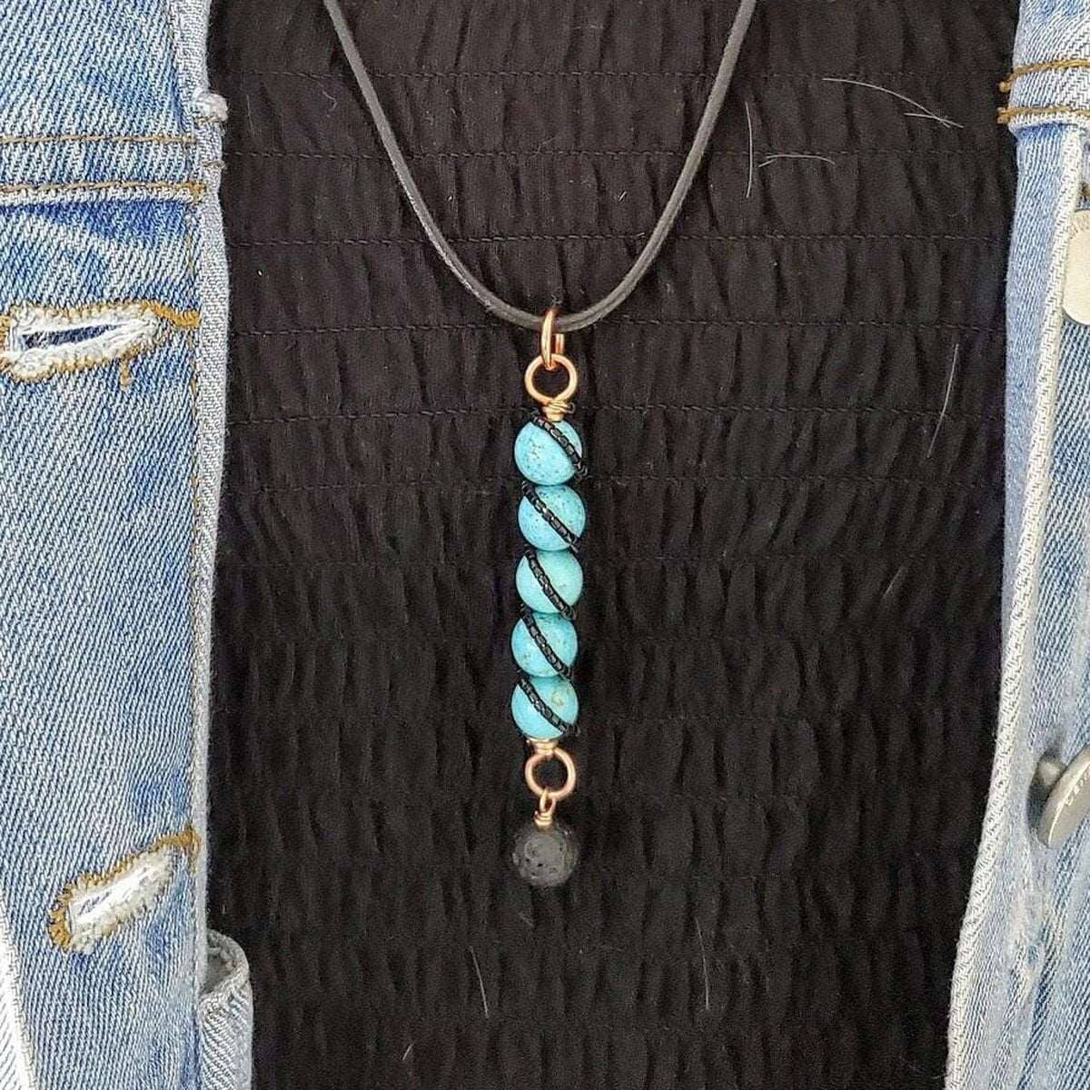 Copper Spiral Turquoise Stick Pendant With Essential Oil Lava Rock Bead Charm from Alexa Martha Designs