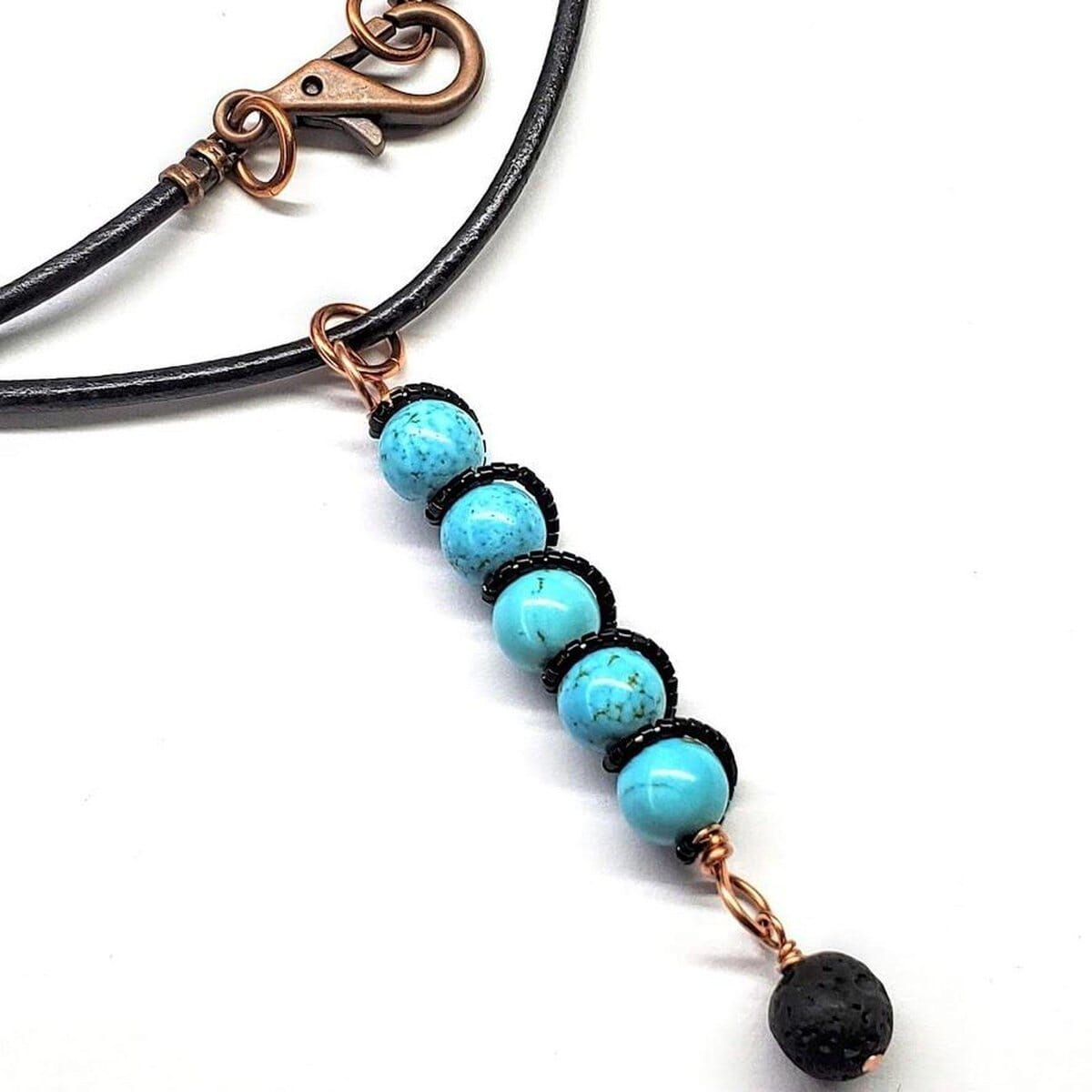 Copper Spiral Turquoise Stick Pendant With Essential Oil Lava Rock Bead Charm from Alexa Martha Designs
