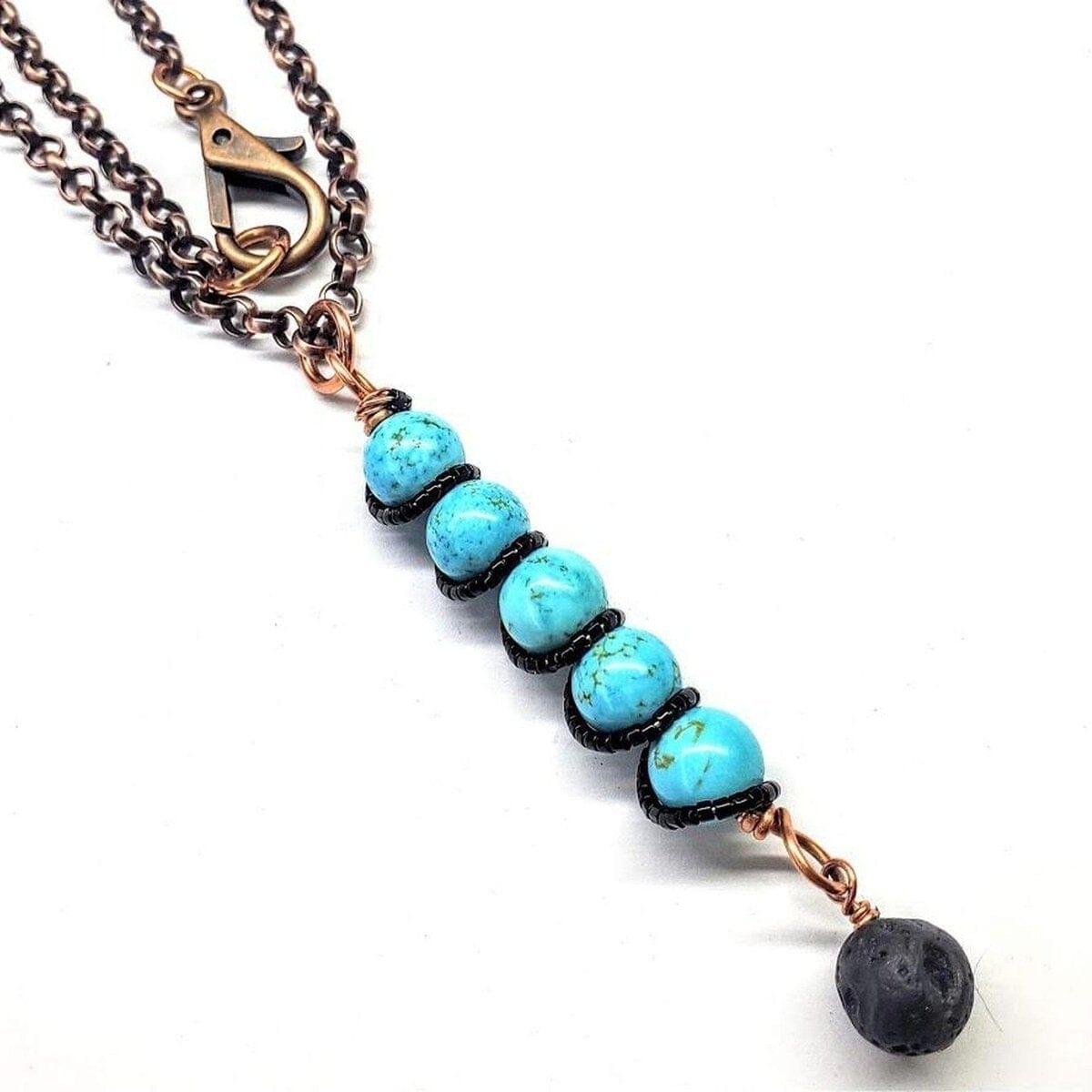 Copper Spiral Turquoise Stick Pendant With Essential Oil Lava Rock Bead Charm from Alexa Martha Designs