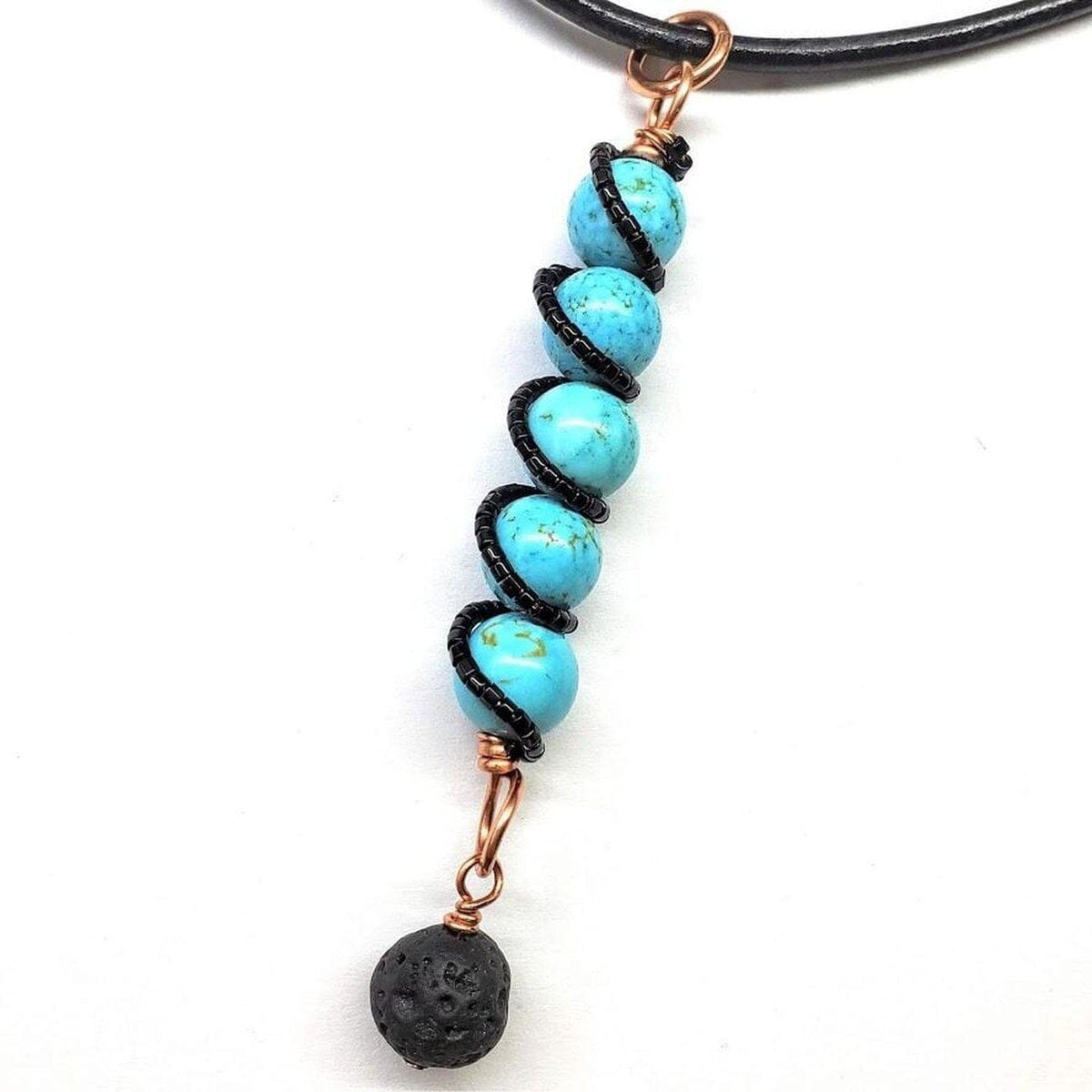 Copper Spiral Turquoise Stick Pendant With Essential Oil Lava Rock Bead Charm from Alexa Martha Designs