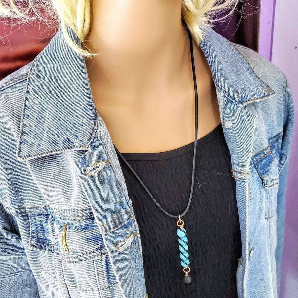 Copper Spiral Turquoise Stick Pendant With Essential Oil Lava Rock Bead Charm from Alexa Martha Designs