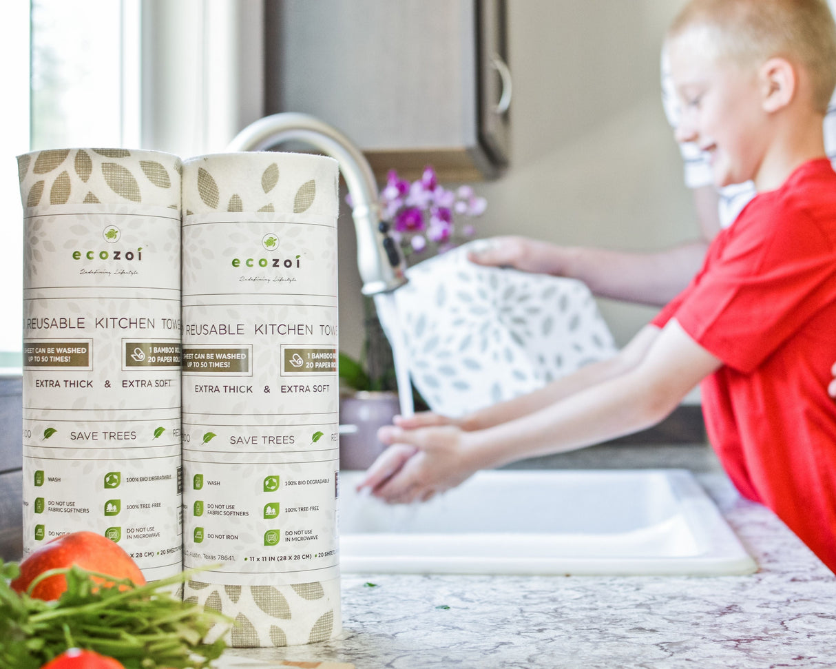 Bamboo Kitchen Paper Towels, Reusable Tree-Free Rolls with Design, 4 Pack from ecozoi