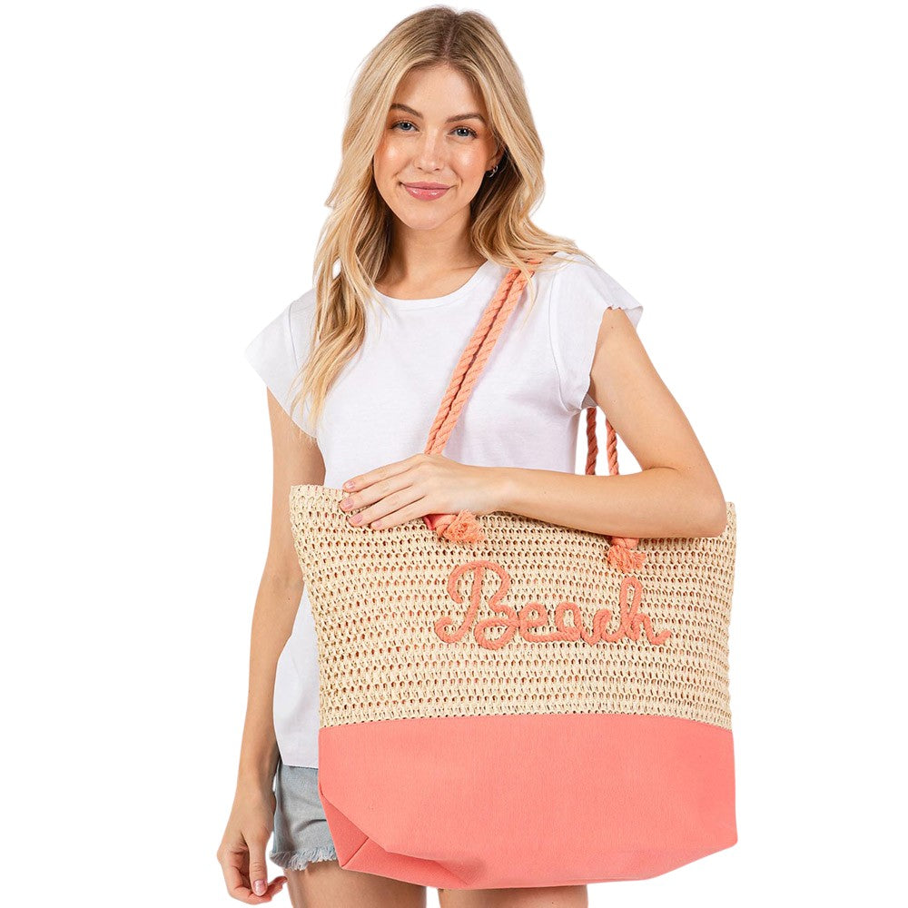 BEACH Message Rope Handle Crochet Fabric Tote Bag / Beach Bag  from Madeline Love