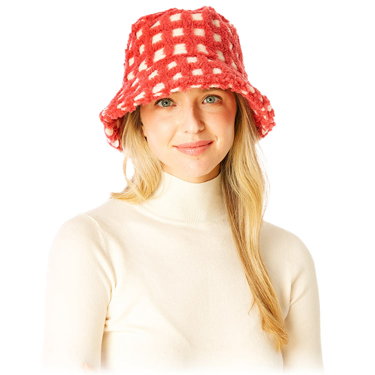 Check Patterned Faux Fur Bucket Hat from Madeline Love