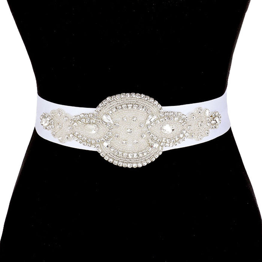 Bridal Wedding Pearl & Crystal Sash Ribbon Belt Headband from Madeline Love