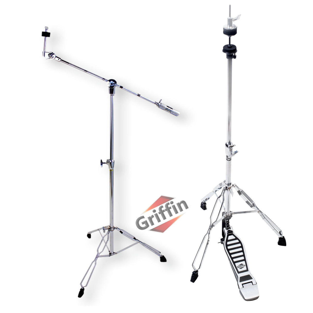 Deluxe PACK Set -  Hi-Hat Stand & Cymbal Boom Stand Kit (2x Stands) by GRIFFIN - Hi-Hat Pedal with Pull Chain, Chrome Double-Braced Legs & Counterweight Adapter for Crash, Ride & Splash Cymbals from GeekStands.com