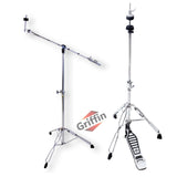 Deluxe PACK Set -  Hi-Hat Stand & Cymbal Boom Stand Kit (2x Stands) by GRIFFIN - Hi-Hat Pedal with Pull Chain, Chrome Double-Braced Legs & Counterweight Adapter for Crash, Ride & Splash Cymbals from GeekStands.com