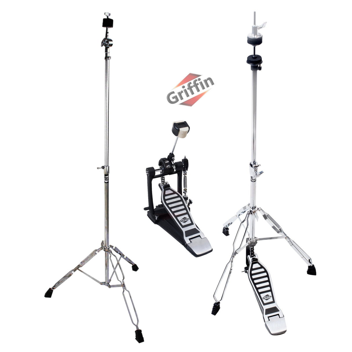3 PACK - Hi-Hat Stand, Kick Drum Pedal & Straight Cymbal Stand Hardware Kit by GRIFFIN | Deluxe Full Size Percussion Chrome Hardware Set | Lightweight, Portable & Mobile, Perfect for Drummer Gigs from GeekStands.com