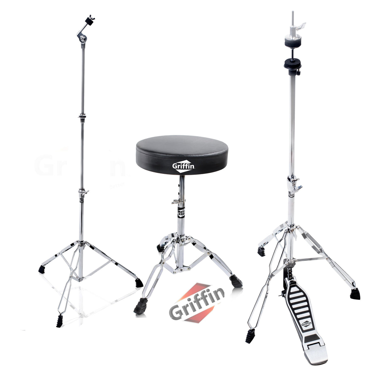 GRIFFIN Drum Hardware 3 PACK - Hi-Hat Stand, Drummers Throne Seat & Straight Cymbal Stand | Deluxe Chrome Slip-Proof Gear Holder Percussion Set for Mounting Medium-Duty Crash, Ride & Splash Cymbals from GeekStands.com
