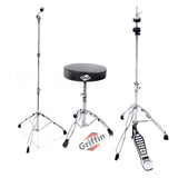 GRIFFIN Drum Hardware 3 PACK - Hi-Hat Stand, Drummers Throne Seat & Straight Cymbal Stand | Deluxe Chrome Slip-Proof Gear Holder Percussion Set for Mounting Medium-Duty Crash, Ride & Splash Cymbals from GeekStands.com