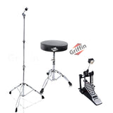 GRIFFIN Drum Hardware Set (3 Piece Kit) - Kick Drum Pedal, Drummer's Throne Seat & Straight Cymbal Stand - Deluxe Chrome Percussion Set for Mounting Crash, Ride & Splash Cymbals from GeekStands.com