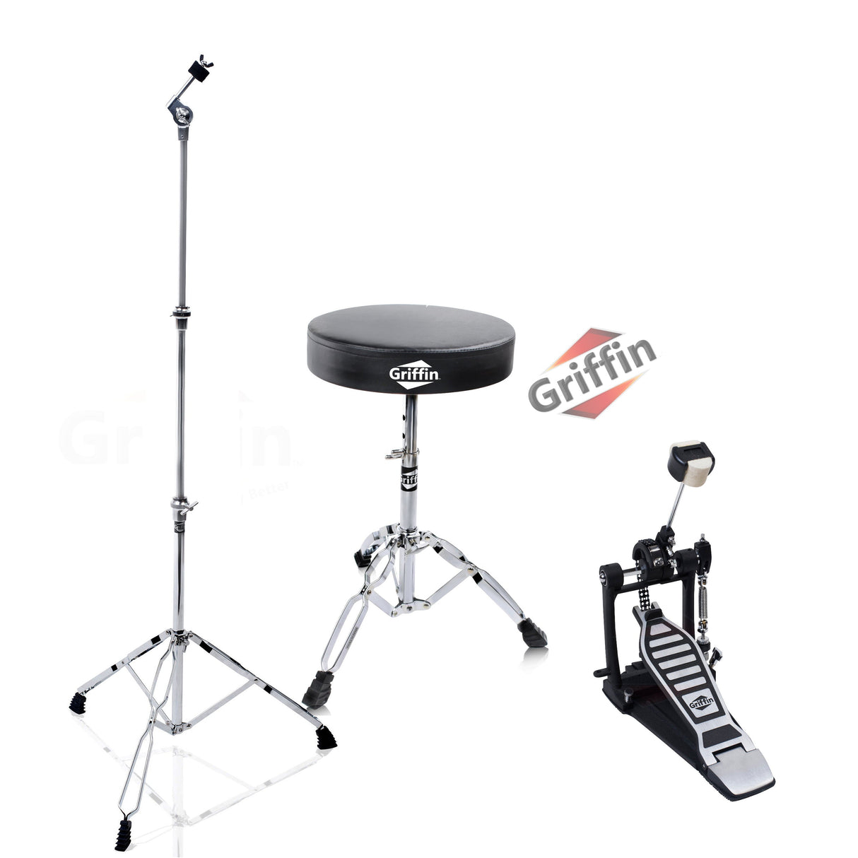3 PACK GRIFFIN Drum Hardware Set - Kick Drum Pedal, Drummers Throne Seat & Straight Cymbal Stand | Deluxe Chrome Slip-Proof Gear Holder Percussion Set for Mounting Crash, Ride & Splash Cymbals from GeekStands.com